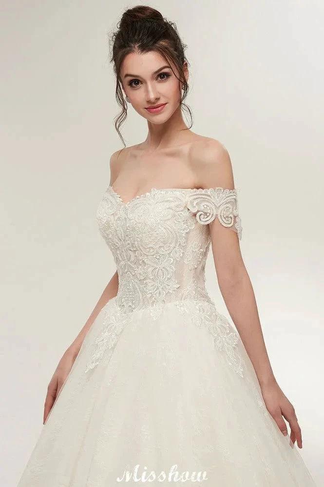 Off-shoulder Sweetheart A-line Lace-up Floor Length Lace Appliques Wedding Dresses - Image 6