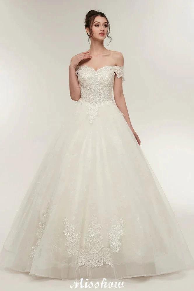 Off-shoulder Sweetheart A-line Lace-up Floor Length Lace Appliques Wedding Dresses - Image 7