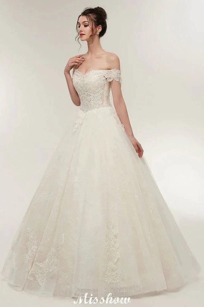 Off-shoulder Sweetheart A-line Lace-up Floor Length Lace Appliques Wedding Dresses - Image 8