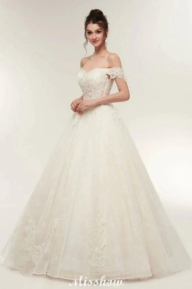 Off-shoulder Sweetheart A-line Lace-up Floor Length Lace Appliques Wedding Dresses - Image 9
