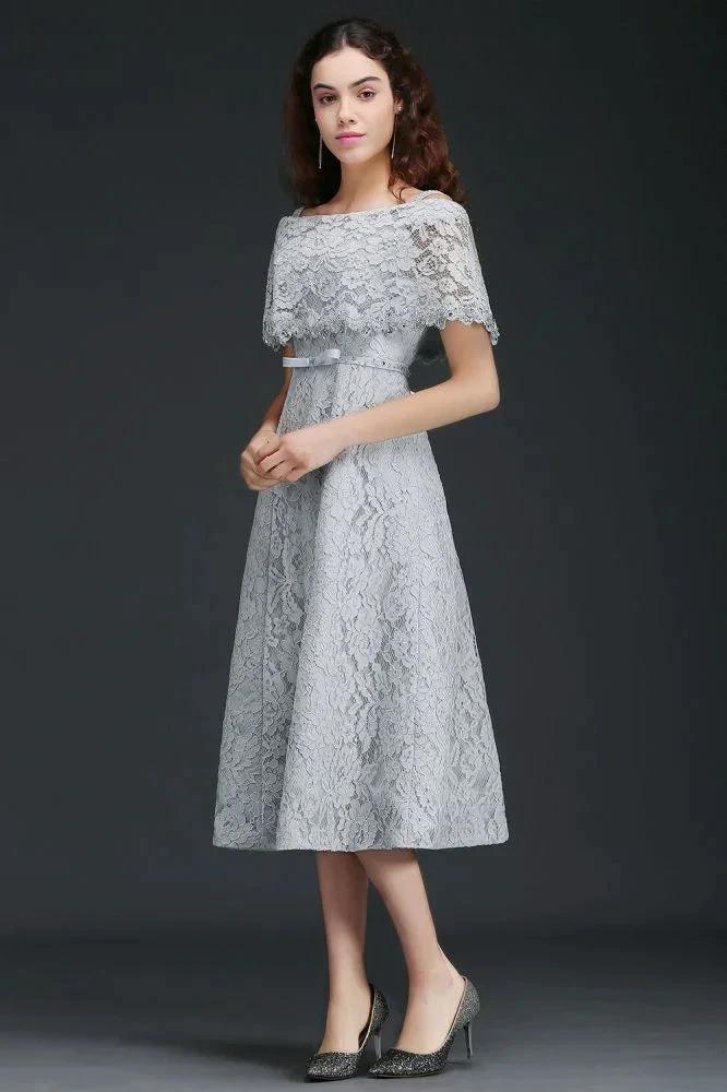 Off Shoulder Tea-Length A Line Lace Homecoming Dresses - Image 2