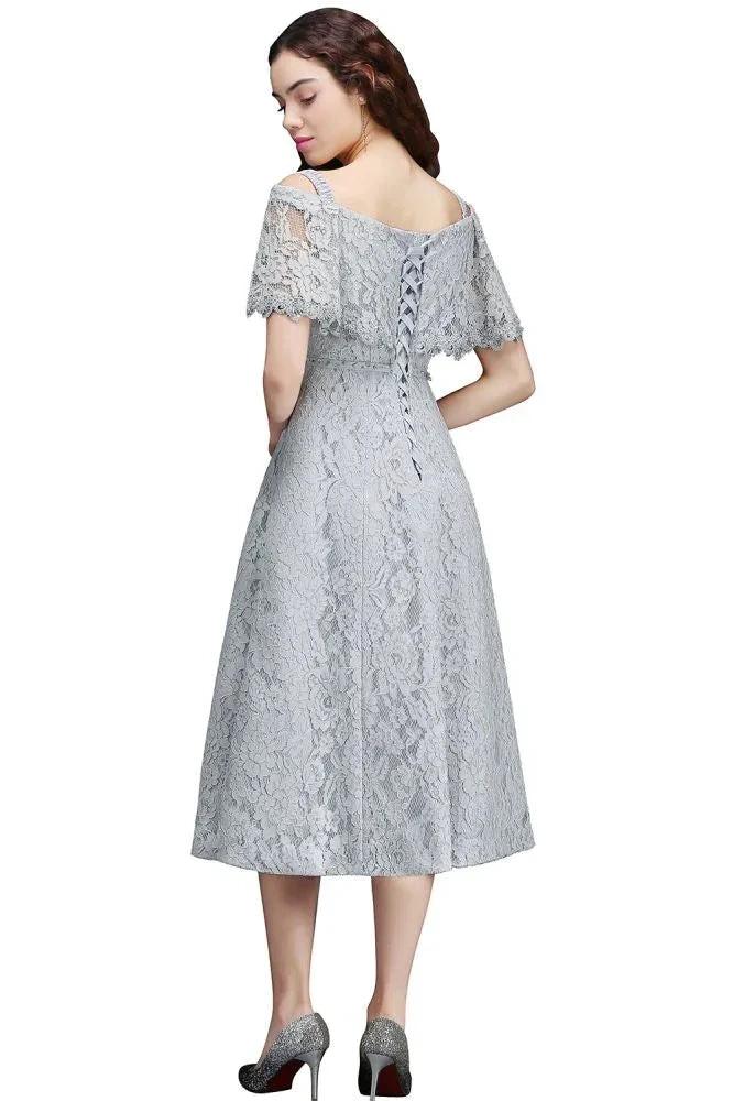 Off Shoulder Tea-Length A Line Lace Homecoming Dresses - Image 3
