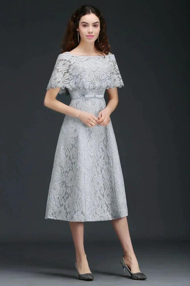Off Shoulder Tea-Length A Line Lace Homecoming Dresses - Image 5