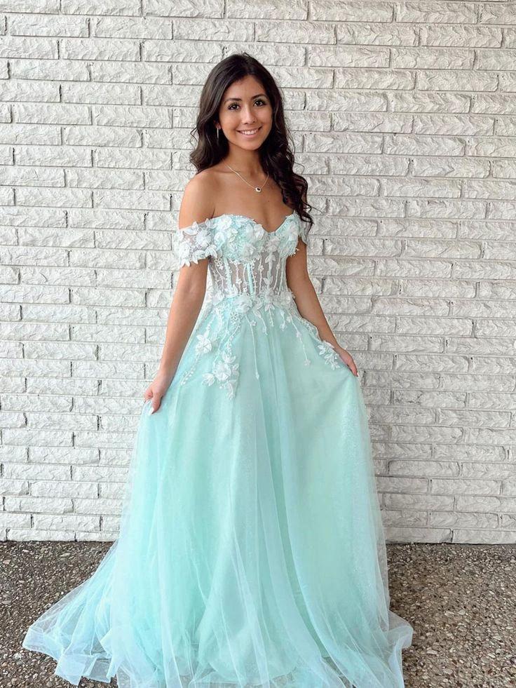 Off Shoulder Tulle Lace Long Prom Dress, Green Evening Dress Custom Size Y632 - Image 2