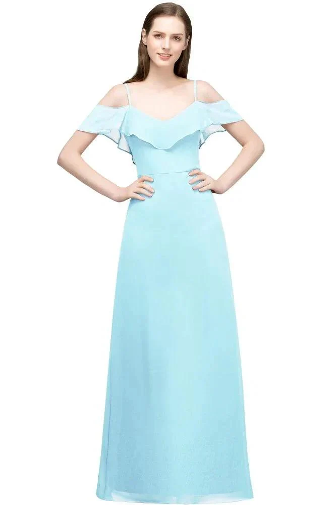 Off-shoulder V-neck A-line Spaghetti Long Chiffon Prom Dresses - Image 10