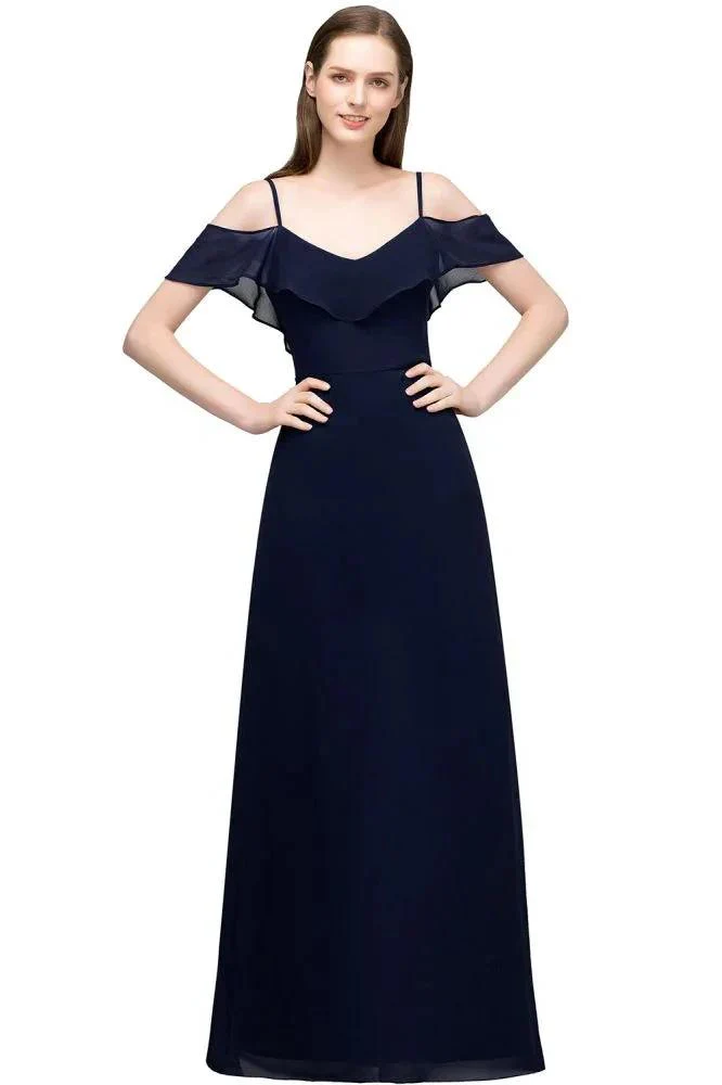 Off-shoulder V-neck A-line Spaghetti Long Chiffon Prom Dresses - Image 11