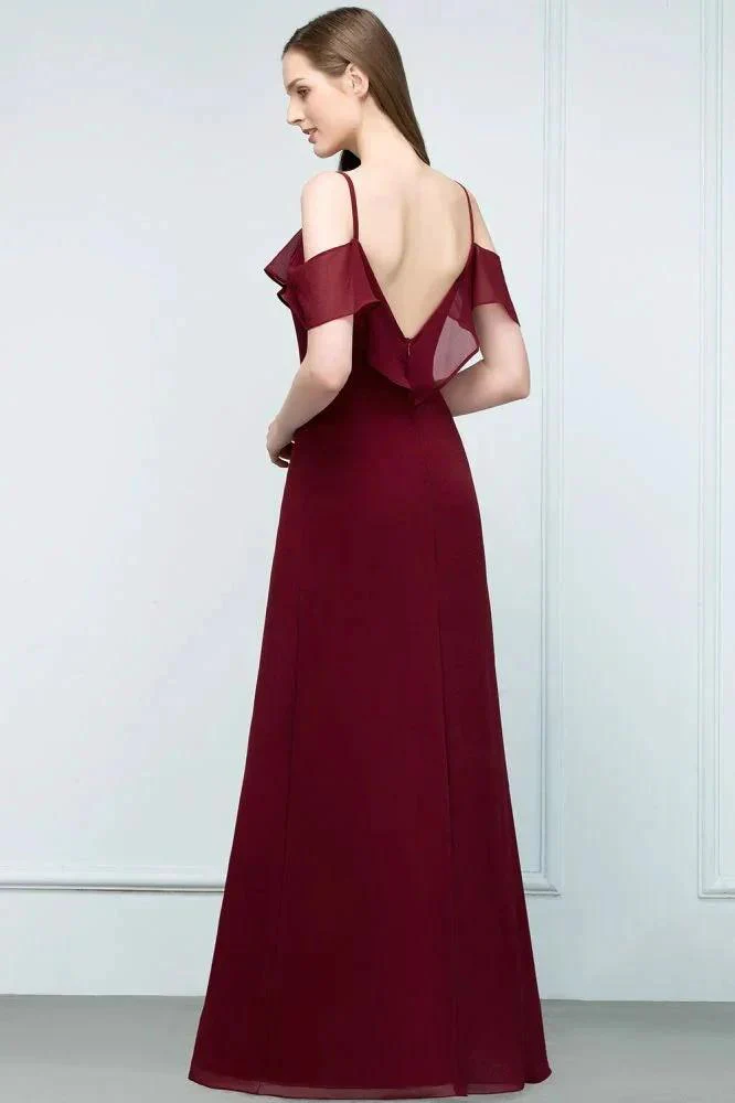 Off-shoulder V-neck A-line Spaghetti Long Chiffon Prom Dresses - Image 2