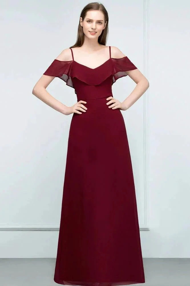 Off-shoulder V-neck A-line Spaghetti Long Chiffon Prom Dresses - Image 3