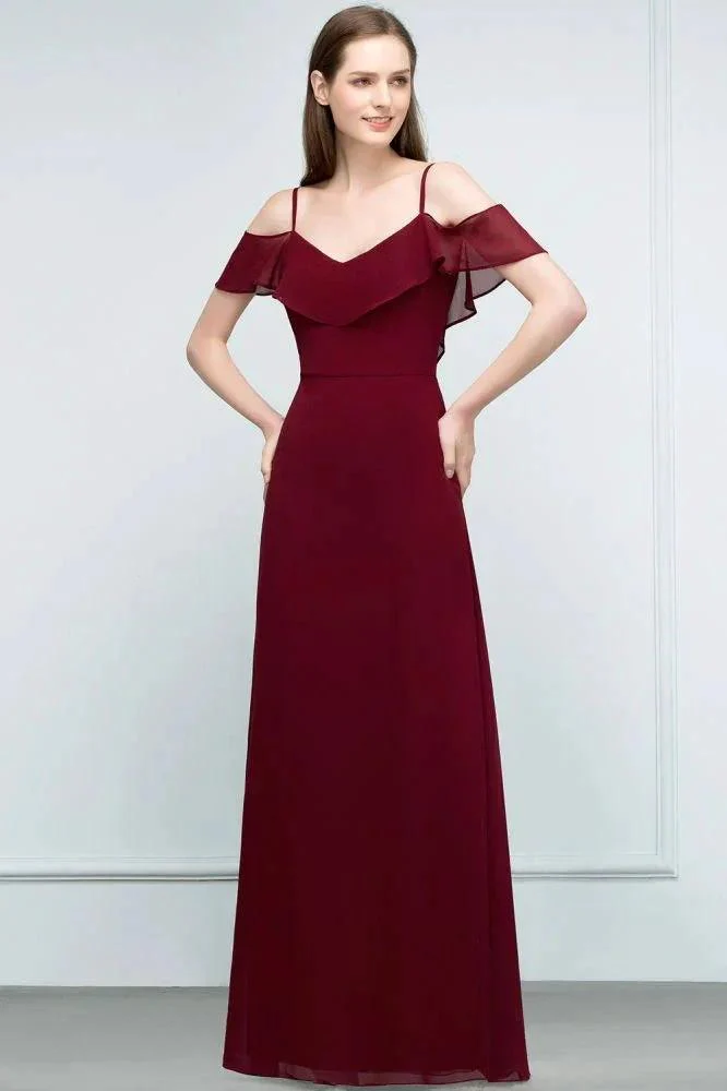 Off-shoulder V-neck A-line Spaghetti Long Chiffon Prom Dresses - Image 4