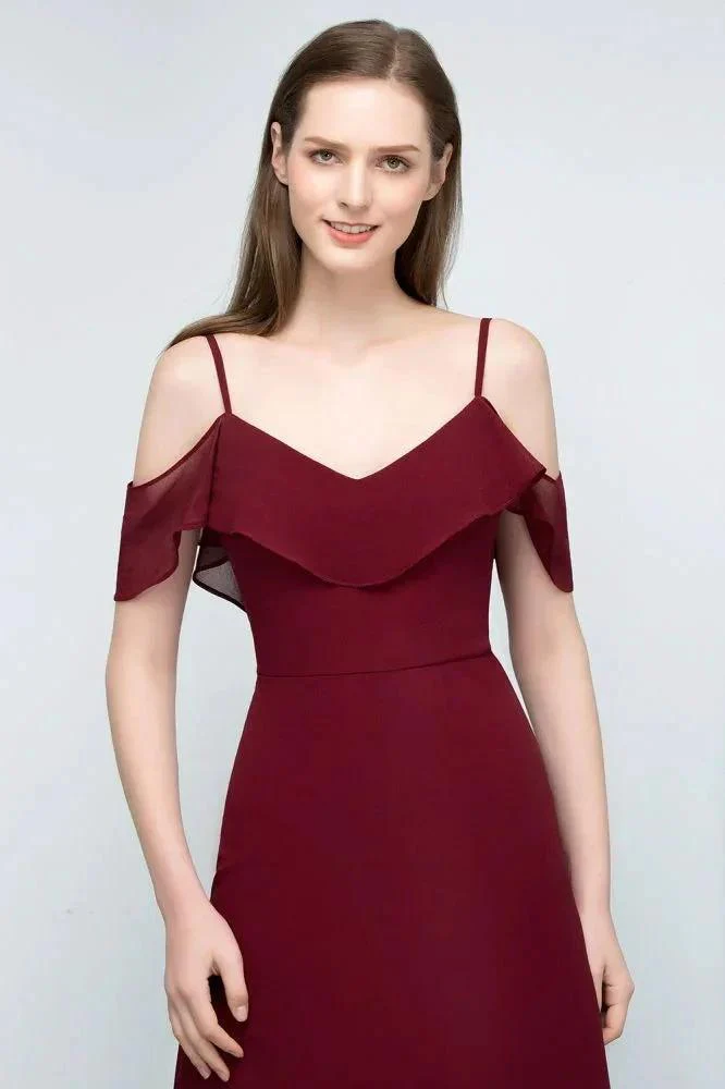 Off-shoulder V-neck A-line Spaghetti Long Chiffon Prom Dresses - Image 5