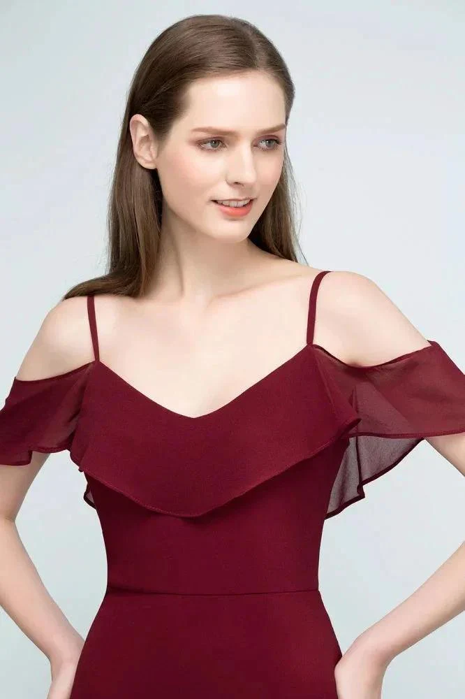 Off-shoulder V-neck A-line Spaghetti Long Chiffon Prom Dresses - Image 6