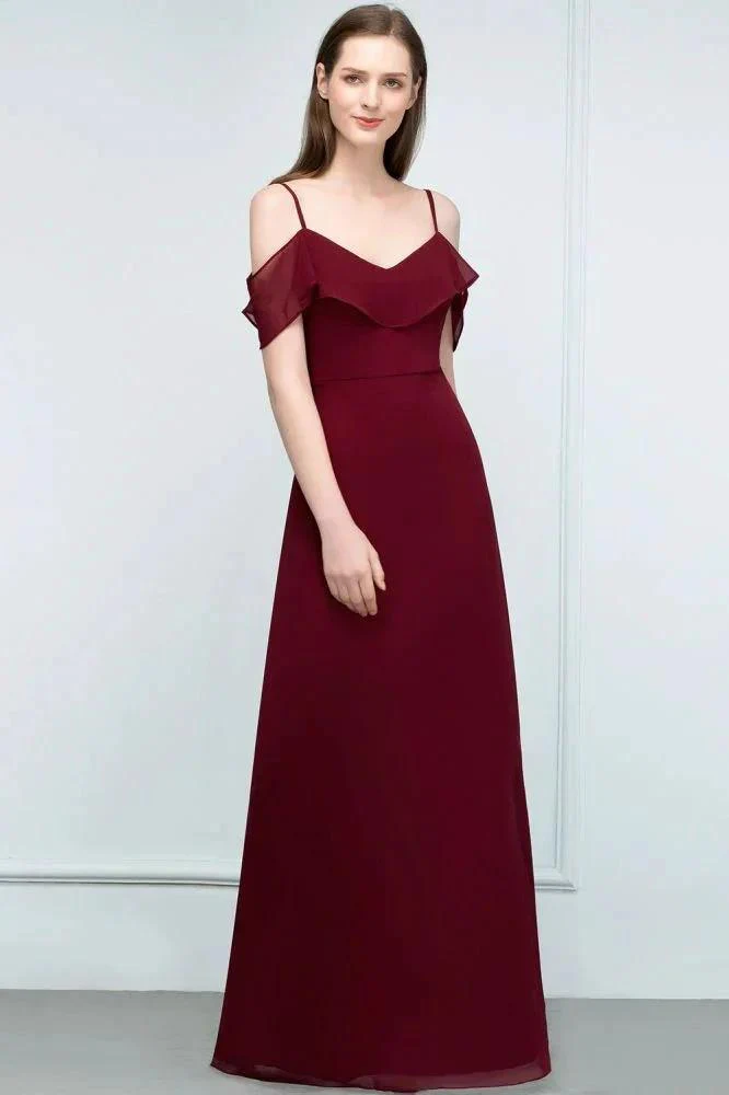 Off-shoulder V-neck A-line Spaghetti Long Chiffon Prom Dresses - Image 7