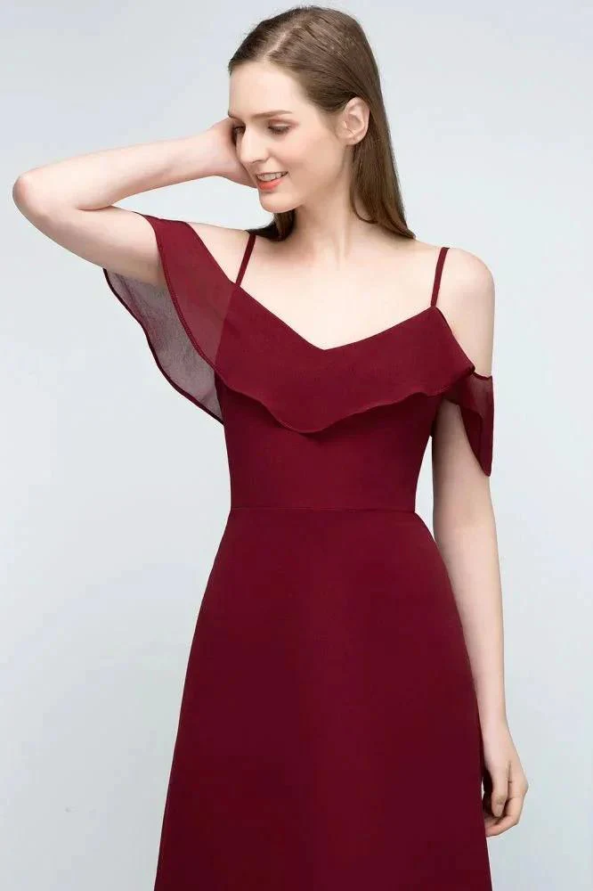 Off-shoulder V-neck A-line Spaghetti Long Chiffon Prom Dresses - Image 8