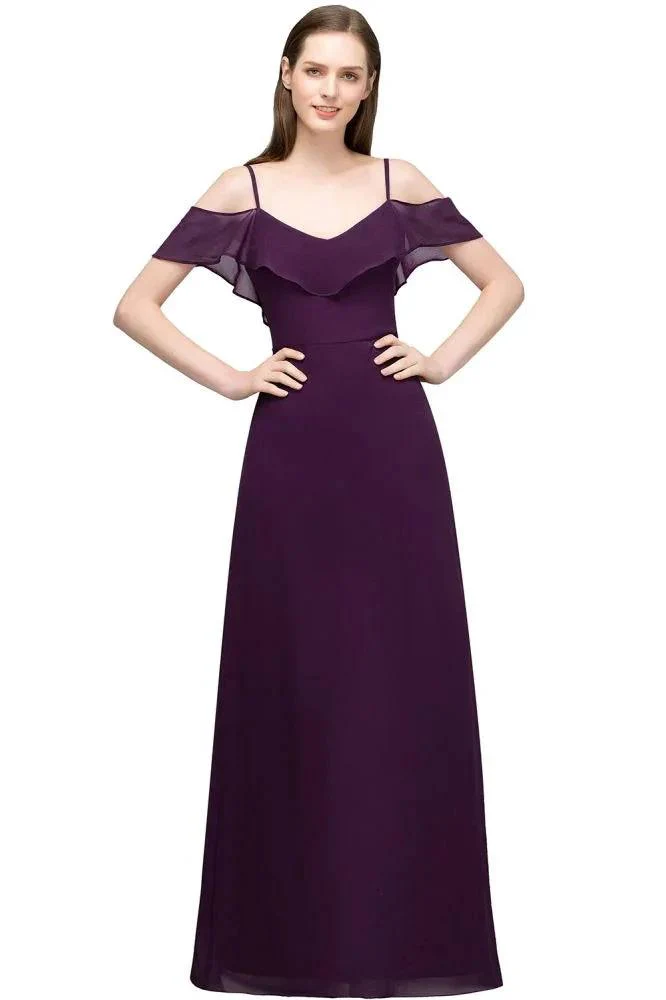 Off-shoulder V-neck A-line Spaghetti Long Chiffon Prom Dresses - Image 9