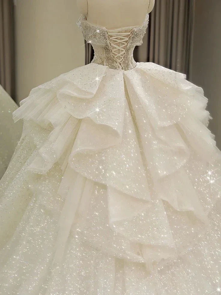 Off Shoulder Wedding Dresses, Large Trailing Princess Tail Dress, Backless White Wedding Dress Y6868 - Image 2