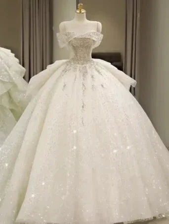 Off Shoulder Wedding Dresses, Large Trailing Princess Tail Dress, Backless White Wedding Dress Y6868 - Image 6