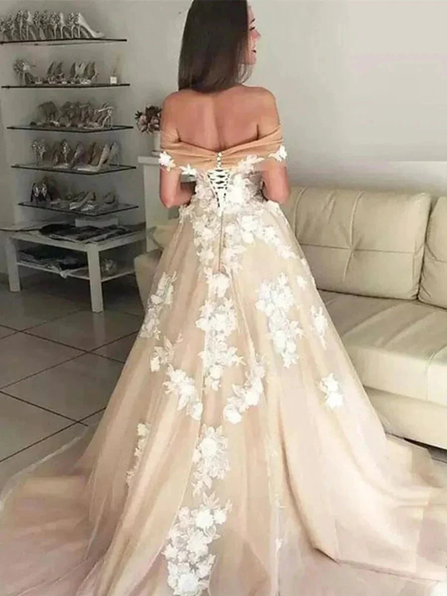 Long A-line Off the Shoulder Lace Appliques Prom Formal Evening Dresses - Image 2
