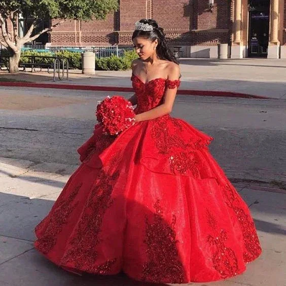 Off Shoulder Women Red Elegant Luxury Ball Gown Sweet 16 Party Gown Y4161 - Image 2