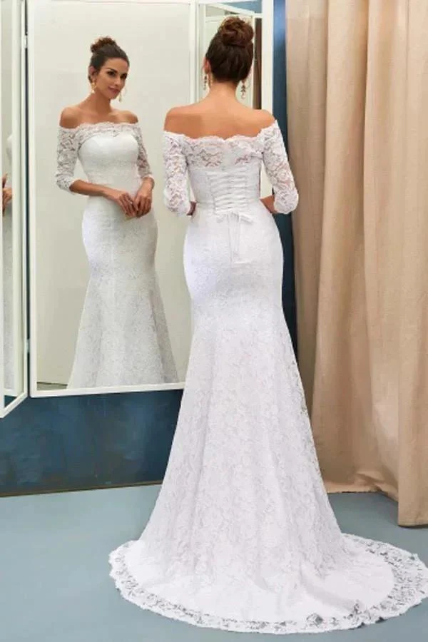Off-The-Shoulder 3/4-Length Sleeves Lace-Up Mermaid Wedding Dress WD089 - Image 2