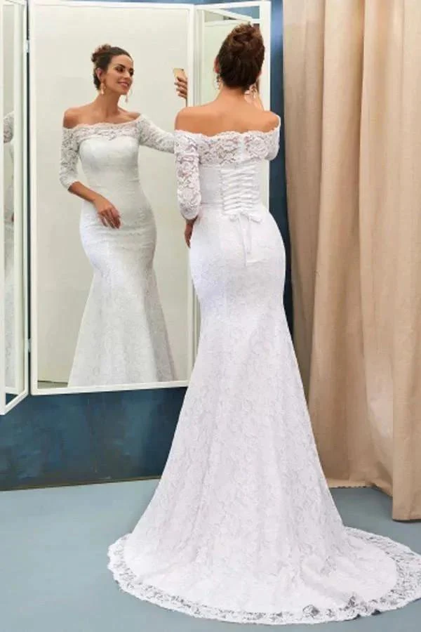 Off-The-Shoulder 3/4-Length Sleeves Lace-Up Mermaid Wedding Dress WD089 - Image 3