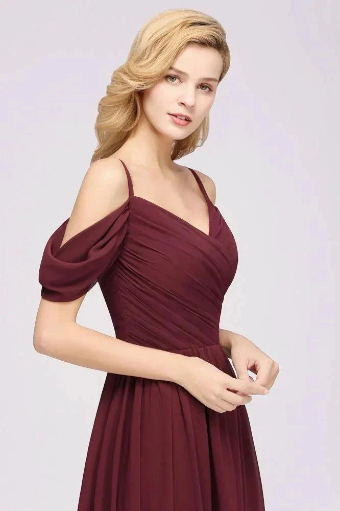 Off-the-Shoulder A-line Chiffon Bridesmaid Dress Floor-Length Wedding Guest Dress - Image 3
