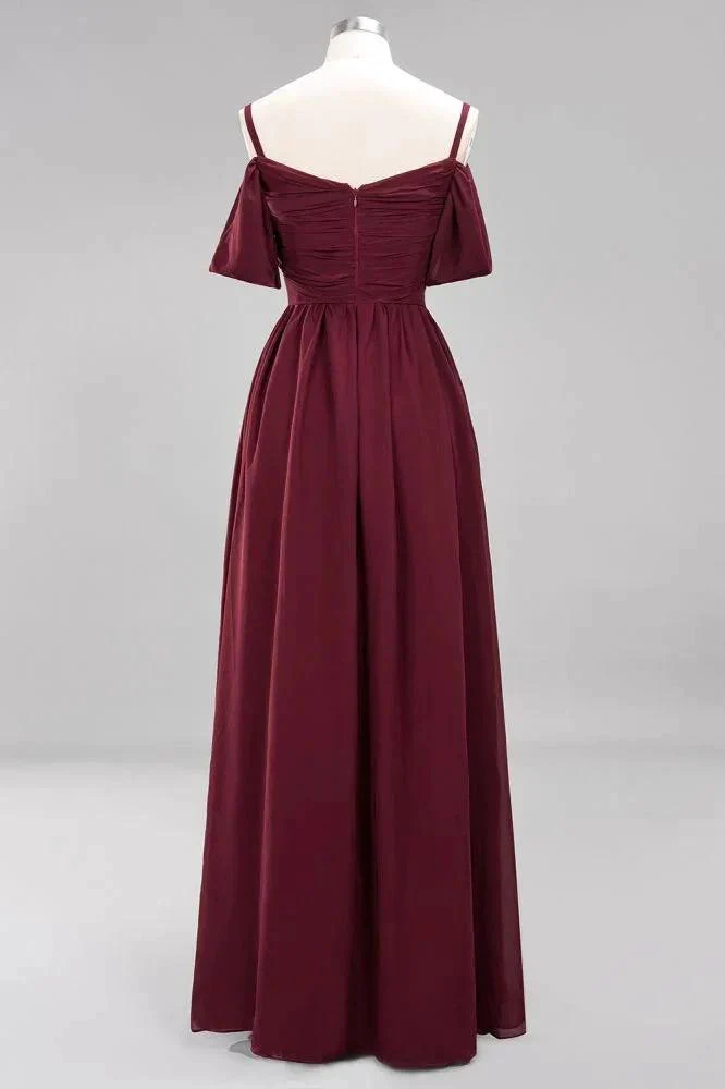 Off-the-Shoulder A-line Chiffon Bridesmaid Dress Floor-Length Wedding Guest Dress - Image 7
