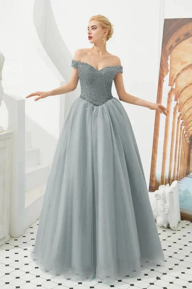 Off the Shoulder aline Princess Ball Gown Tulle Floor Length Beadings Party Gown Lace-up - Image 10