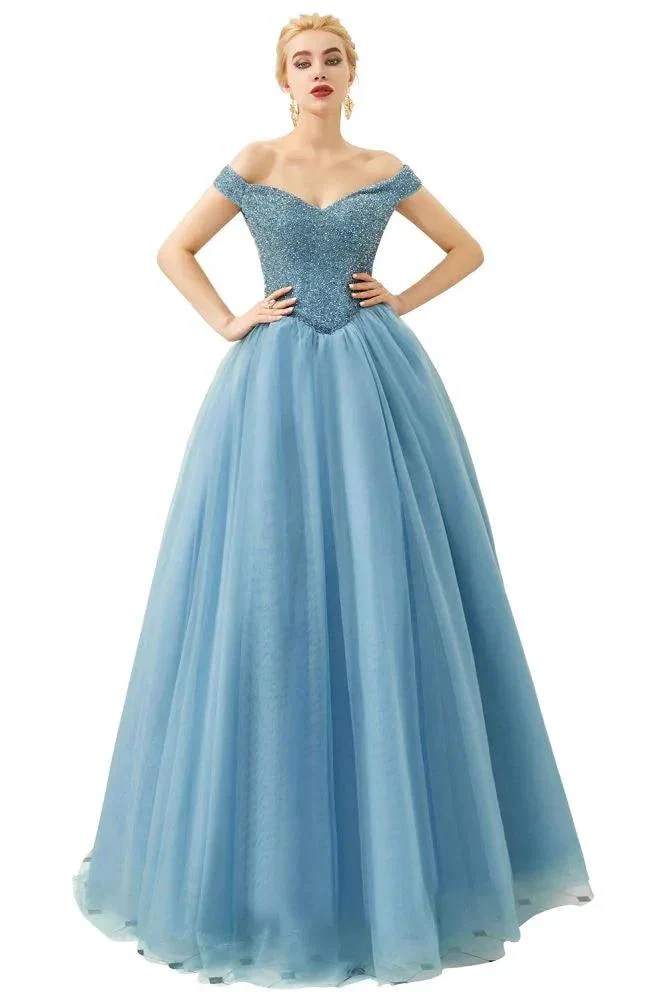 Off the Shoulder aline Princess Ball Gown Tulle Floor Length Beadings Party Gown Lace-up - Image 11