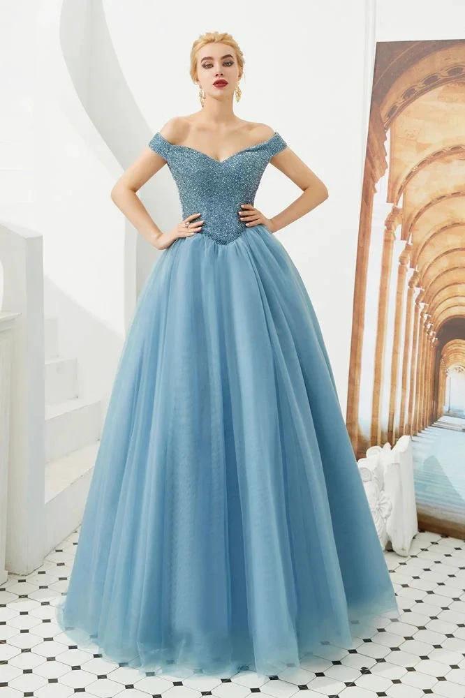 Off the Shoulder aline Princess Ball Gown Tulle Floor Length Beadings Party Gown Lace-up - Image 13