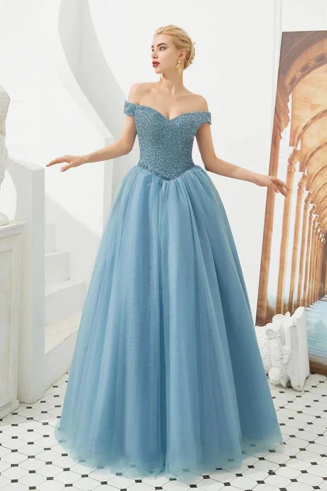 Off the Shoulder aline Princess Ball Gown Tulle Floor Length Beadings Party Gown Lace-up - Image 14