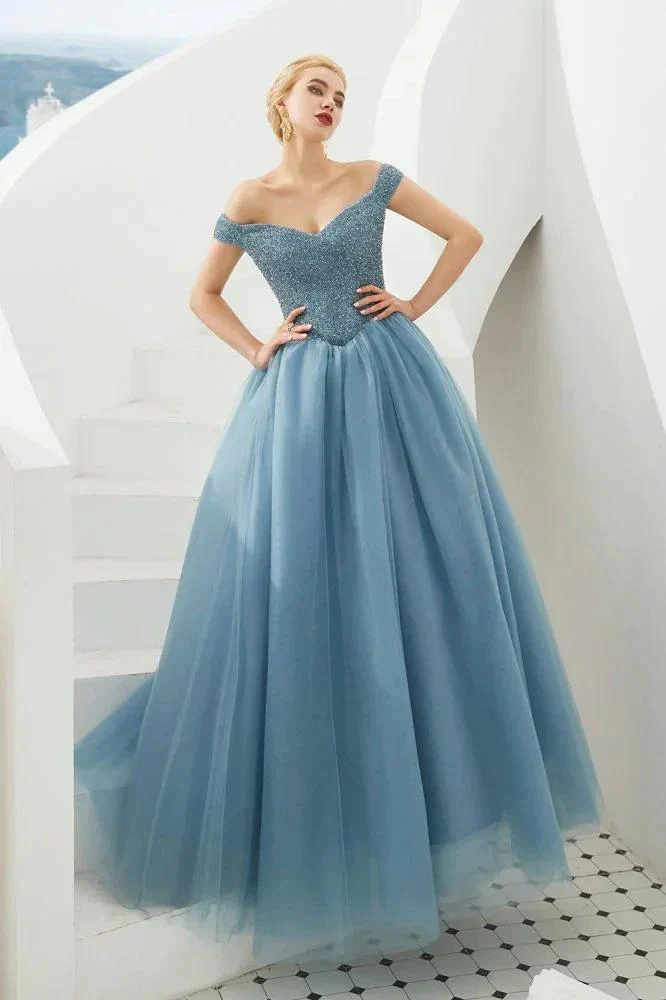 Off the Shoulder aline Princess Ball Gown Tulle Floor Length Beadings Party Gown Lace-up - Image 15