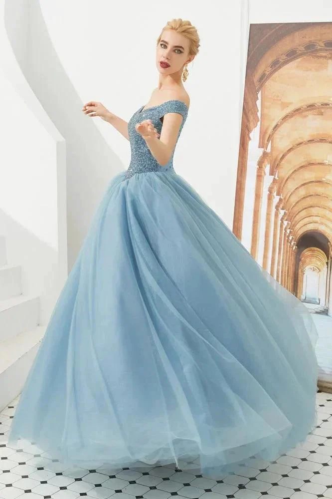 Off the Shoulder aline Princess Ball Gown Tulle Floor Length Beadings Party Gown Lace-up - Image 16