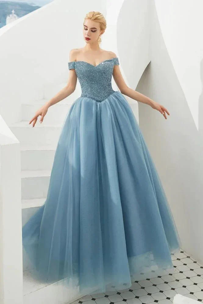 Off the Shoulder aline Princess Ball Gown Tulle Floor Length Beadings Party Gown Lace-up - Image 17