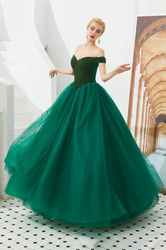 Off the Shoulder aline Princess Ball Gown Tulle Floor Length Beadings Party Gown Lace-up - Image 18