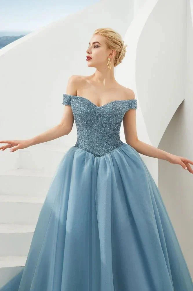 Off the Shoulder aline Princess Ball Gown Tulle Floor Length Beadings Party Gown Lace-up - Image 19