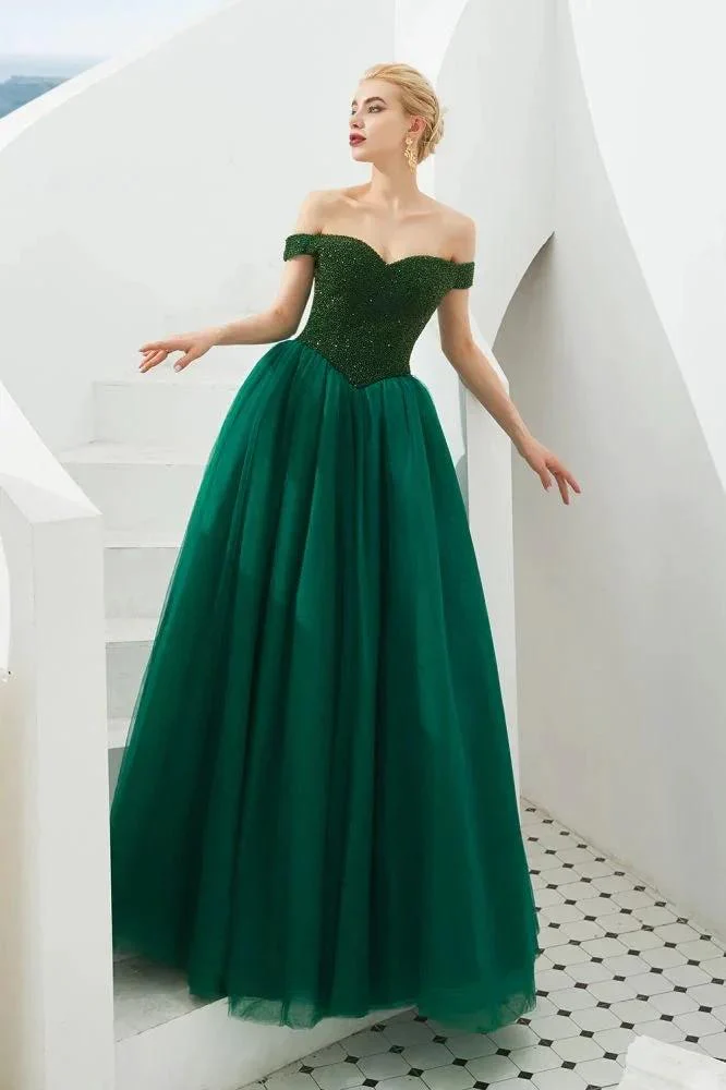 Off the Shoulder aline Princess Ball Gown Tulle Floor Length Beadings Party Gown Lace-up - Image 2