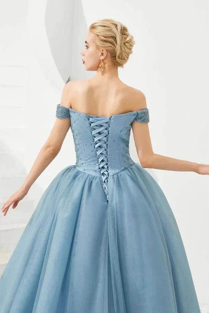 Off the Shoulder aline Princess Ball Gown Tulle Floor Length Beadings Party Gown Lace-up - Image 20