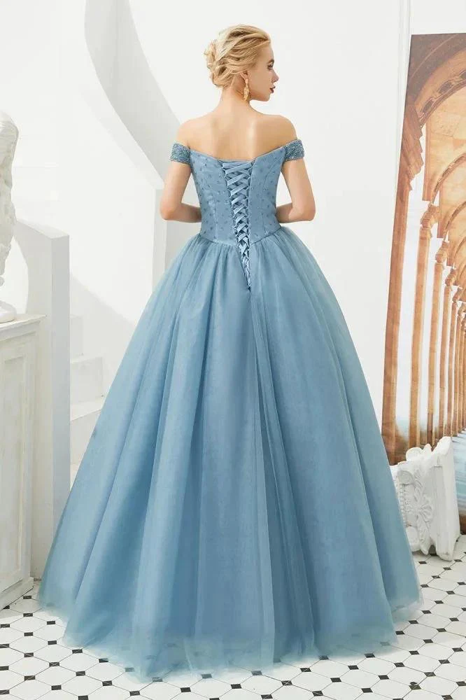 Off the Shoulder aline Princess Ball Gown Tulle Floor Length Beadings Party Gown Lace-up - Image 21