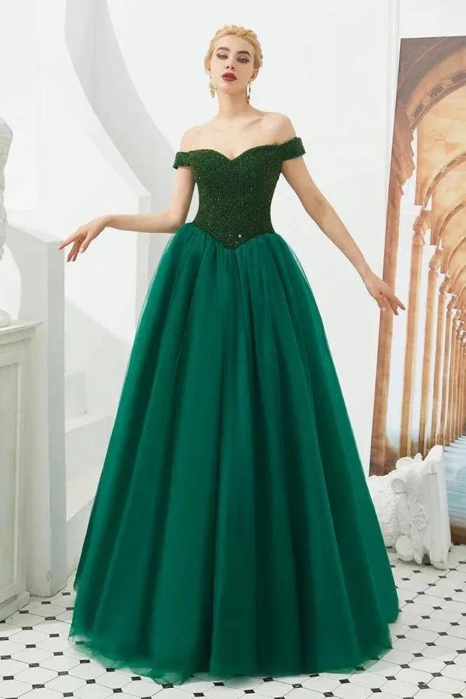 Off the Shoulder aline Princess Ball Gown Tulle Floor Length Beadings Party Gown Lace-up - Image 3