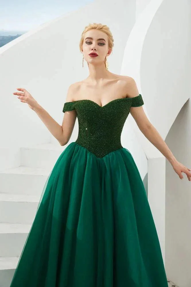 Off the Shoulder aline Princess Ball Gown Tulle Floor Length Beadings Party Gown Lace-up - Image 4