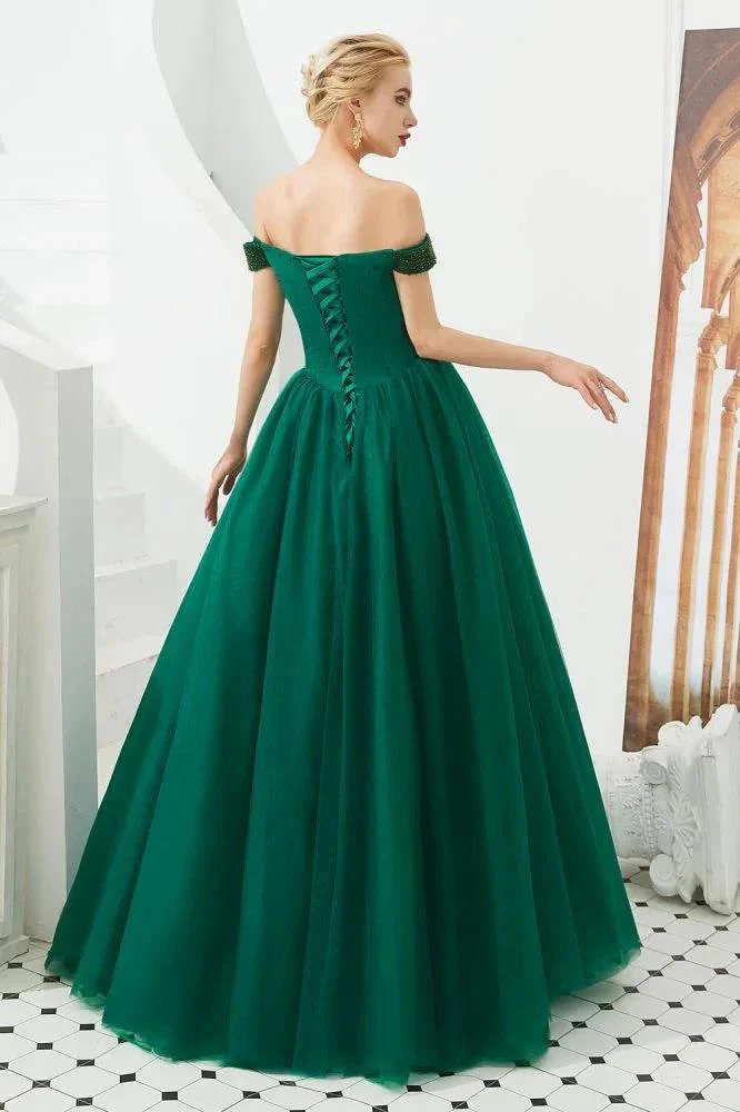 Off the Shoulder aline Princess Ball Gown Tulle Floor Length Beadings Party Gown Lace-up - Image 5
