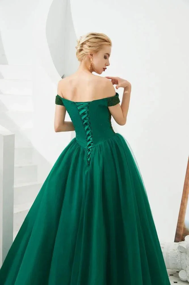 Off the Shoulder aline Princess Ball Gown Tulle Floor Length Beadings Party Gown Lace-up - Image 6