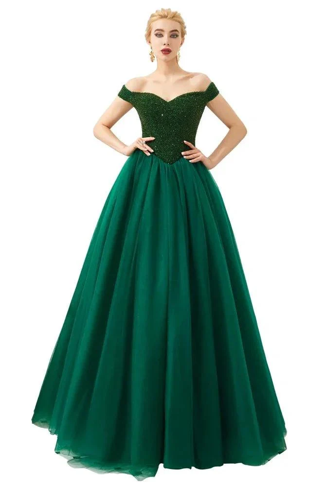 Off the Shoulder aline Princess Ball Gown Tulle Floor Length Beadings Party Gown Lace-up - Image 7