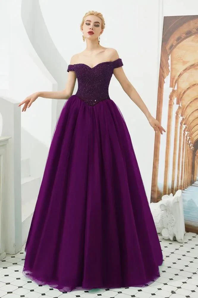 Off the Shoulder aline Princess Ball Gown Tulle Floor Length Beadings Party Gown Lace-up - Image 8