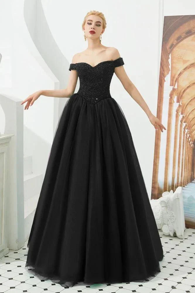 Off the Shoulder aline Princess Ball Gown Tulle Floor Length Beadings Party Gown Lace-up - Image 9