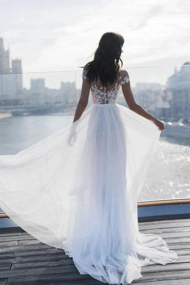 Off The Shoulder Appliques A-line Wedding Dresses | Side Split Tulle Bridal Gowns - Image 2