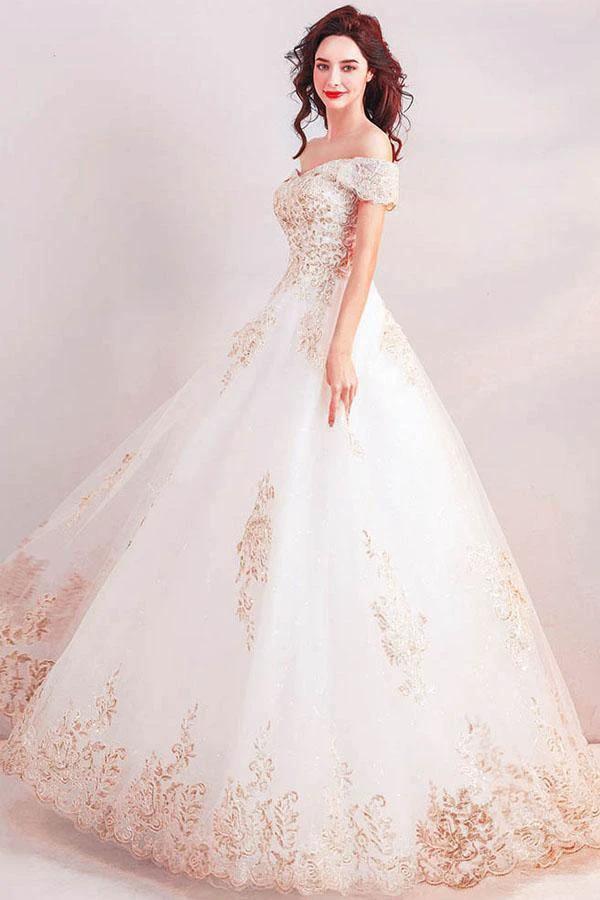 Off the Shoulder Ball Gown Long Wedding Dress with Gold Appliques  WD368 - Image 2