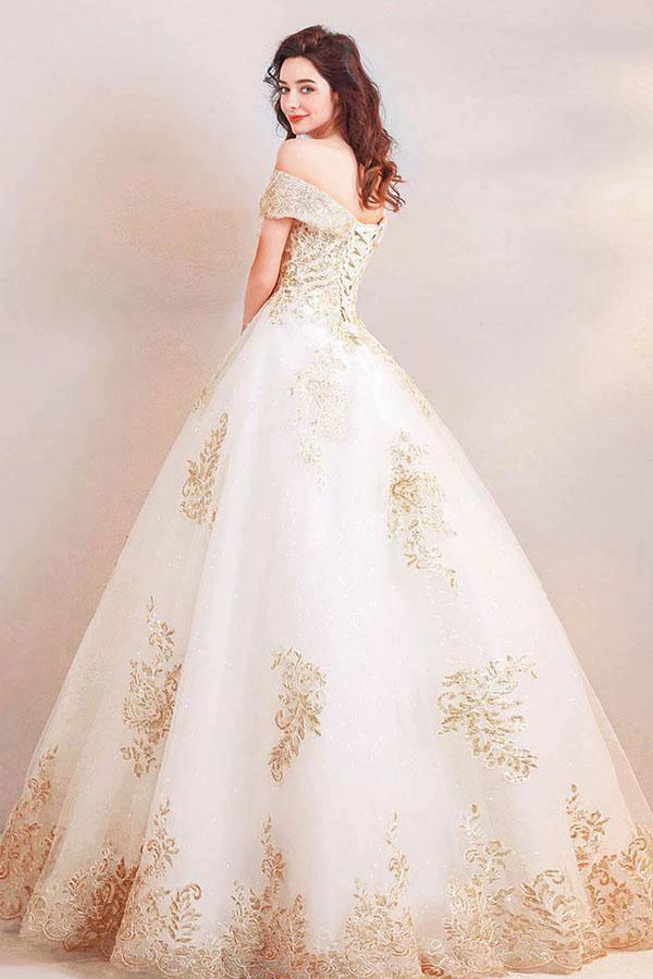Off the Shoulder Ball Gown Long Wedding Dress with Gold Appliques  WD368 - Image 3