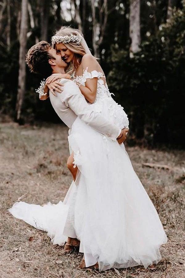 Off the Shoulder Ball Gown White Tulle Wedding Dresses with Applique  WD561 - Image 2