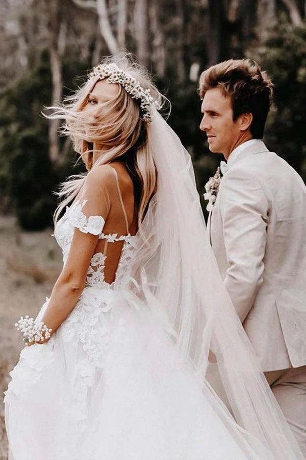 Off the Shoulder Ball Gown White Tulle Wedding Dresses with Applique  WD561 - Image 3